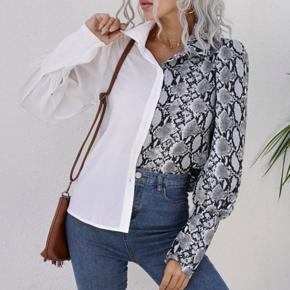 Tops - Snakeskin Print Button Through Bishop Sleeve Blous